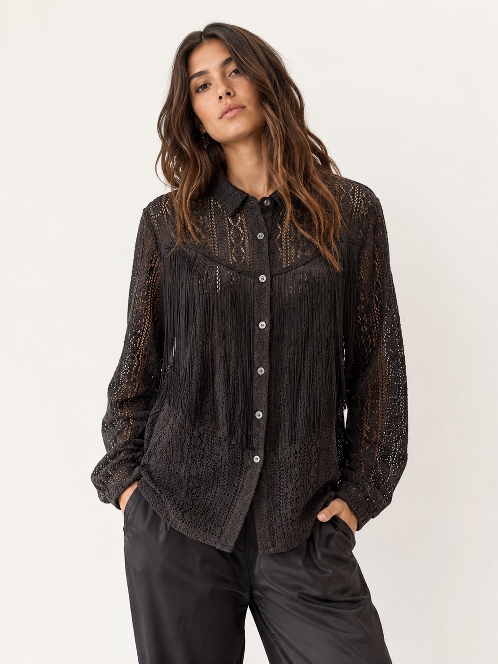Idyllwind Black Lace Fringe Western Blouse Button Front M - Picture 2 of 11